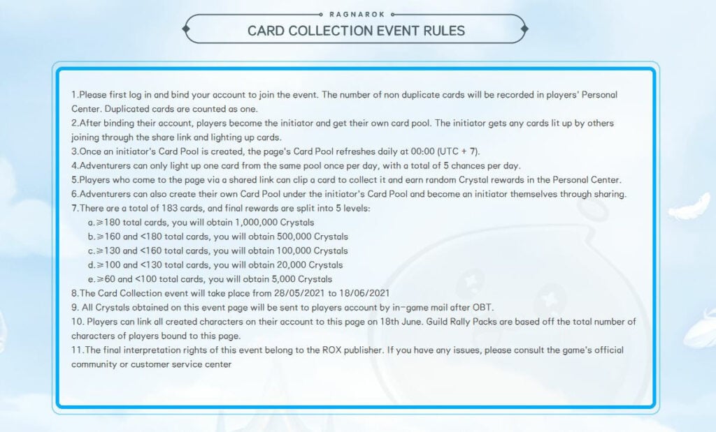 card collection event rules screenshot