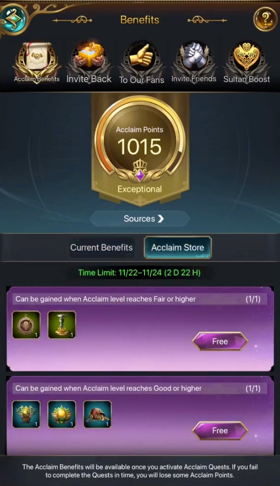 Game of Sultans: Acclaim points