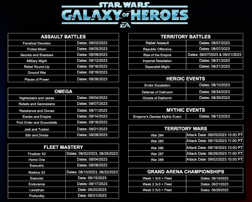 SWGoH: August 2023 Calendar